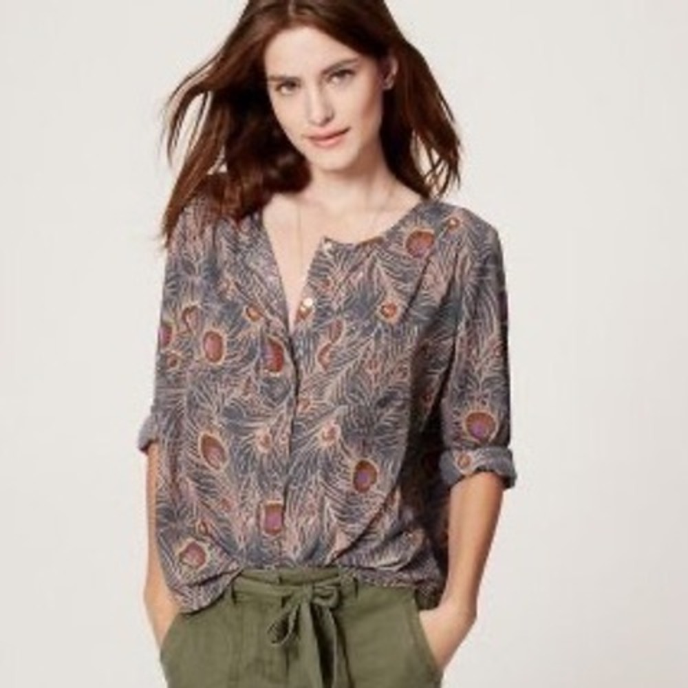 LOFT Grey/Brown Long Sleeve Lightweight Peacock Feather Pattern Blouse | Small